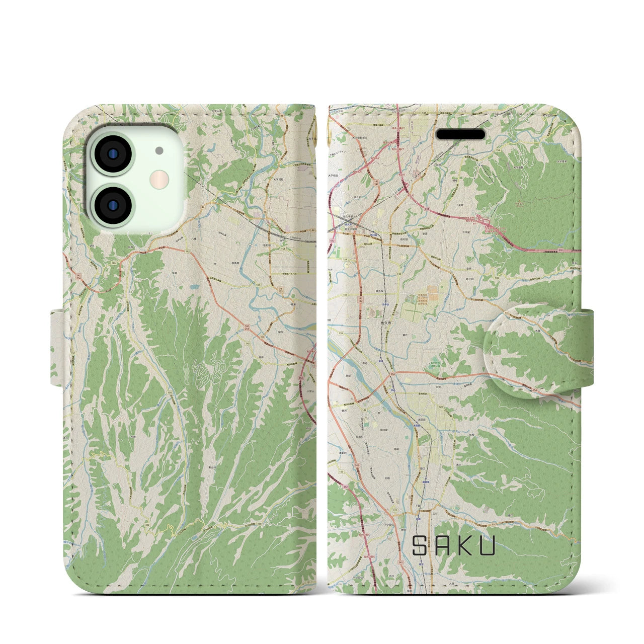 【佐久(長野県)】地図柄iPhoneケース(手帳タイプ)ナチュラル・iPhone 12 mini 用
