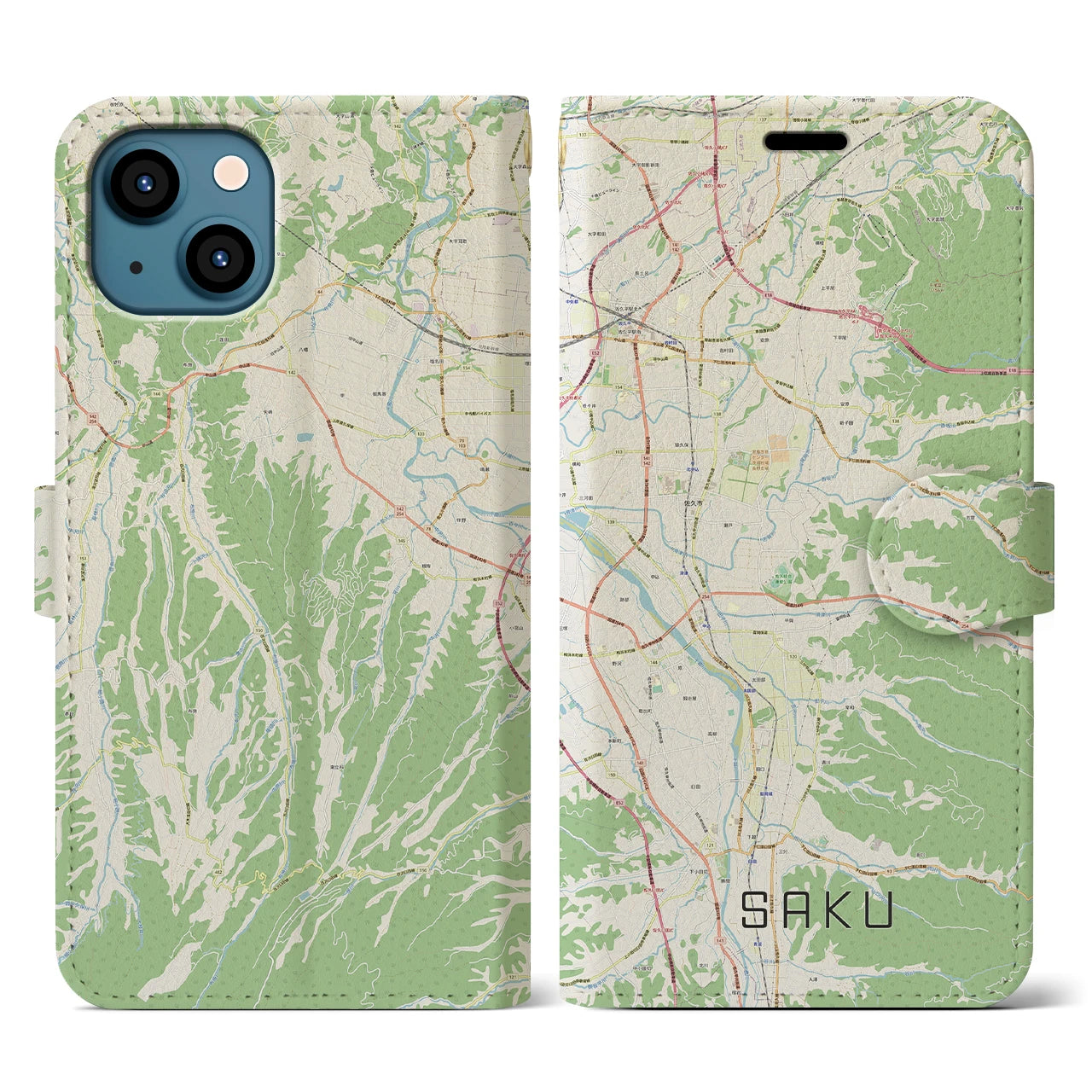 【佐久(長野県)】地図柄iPhoneケース(手帳タイプ)ナチュラル・iPhone 13 用