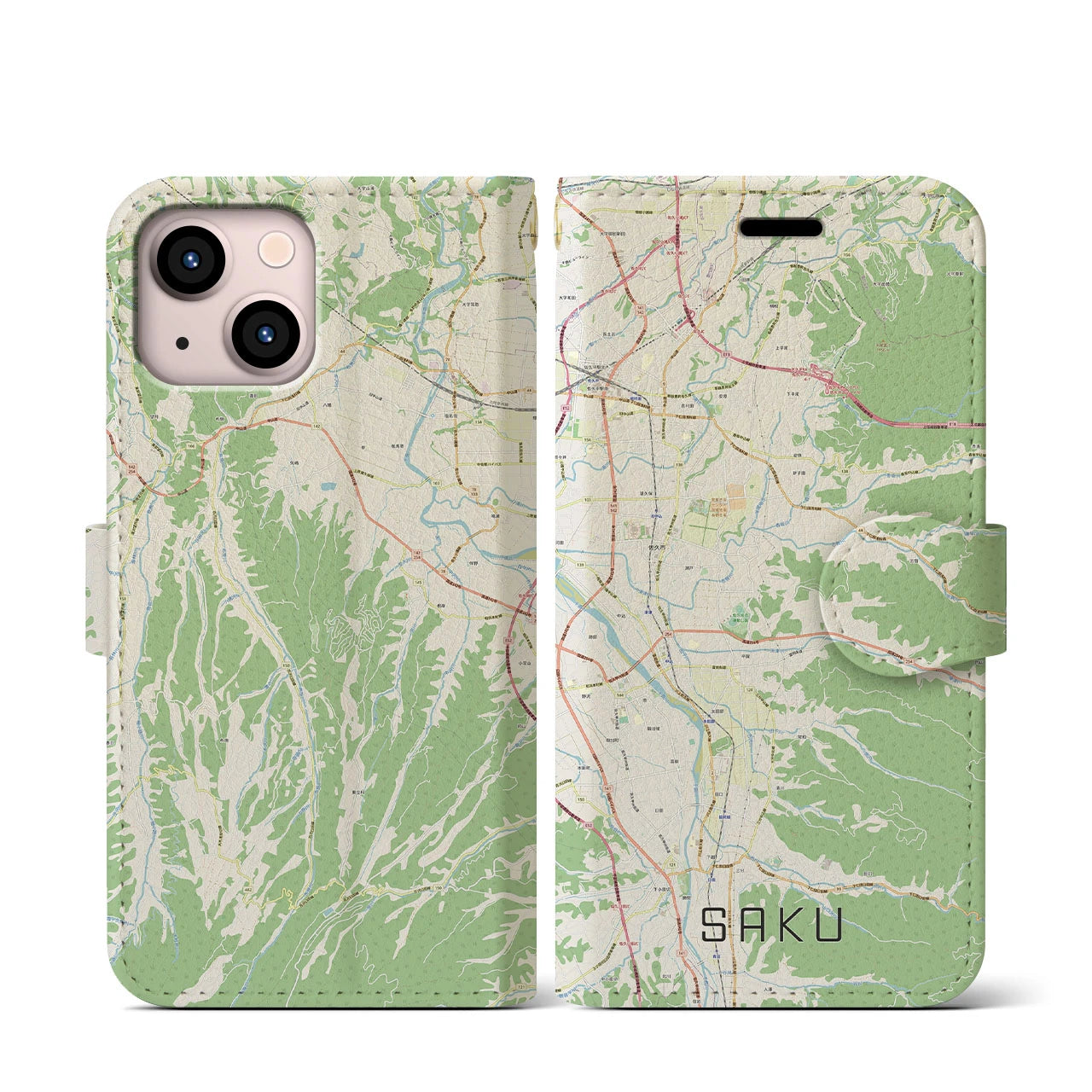【佐久(長野県)】地図柄iPhoneケース(手帳タイプ)ナチュラル・iPhone 13 mini 用