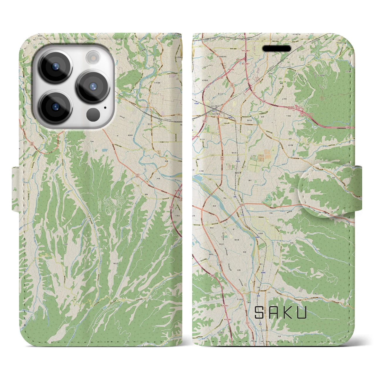 【佐久(長野県)】地図柄iPhoneケース(手帳タイプ)ナチュラル・iPhone 14 Pro 用