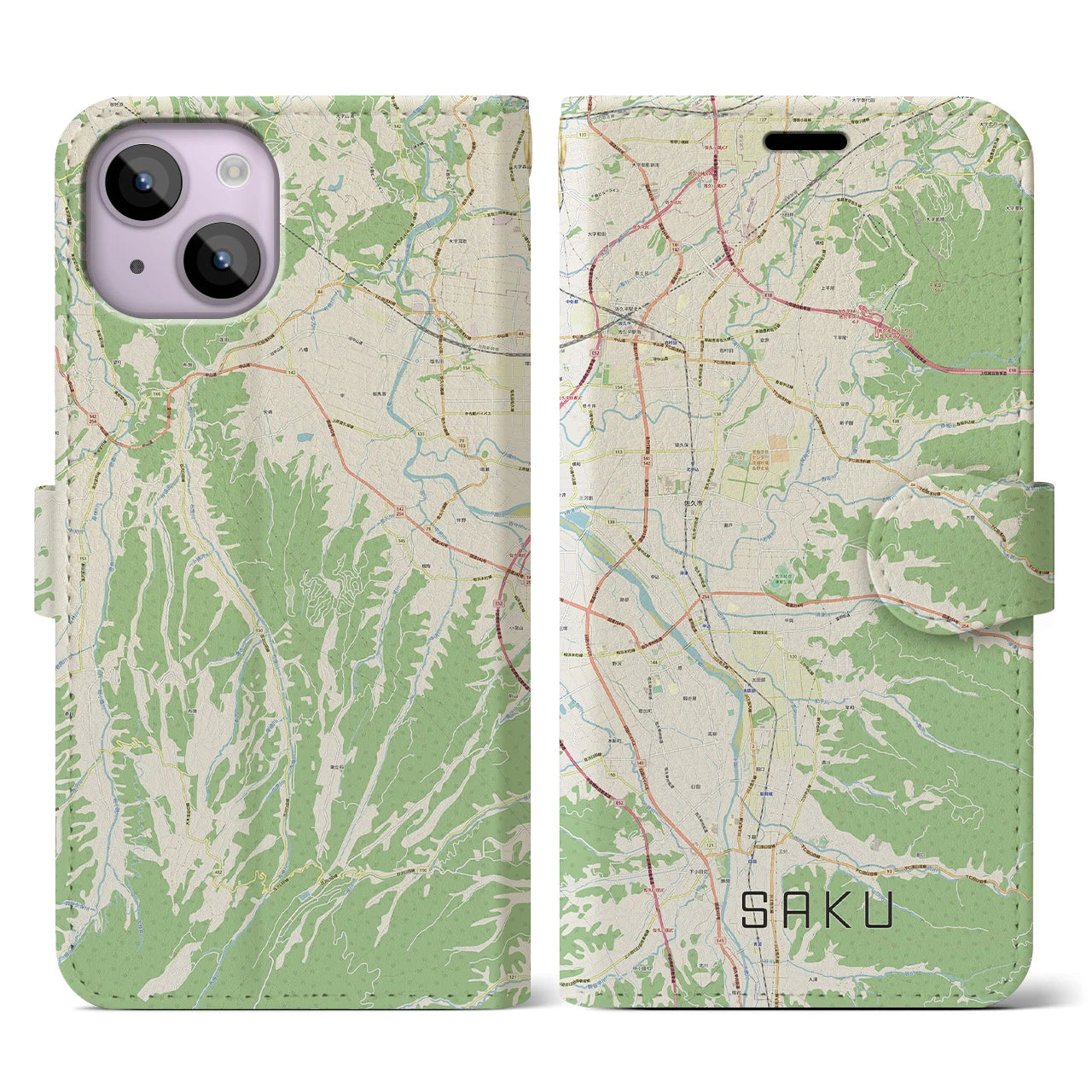 【佐久(長野県)】地図柄iPhoneケース(手帳タイプ)ナチュラル・iPhone 14 用