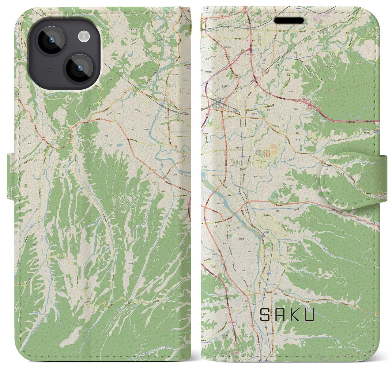 【佐久(長野県)】地図柄iPhoneケース(手帳タイプ)ナチュラル・iPhone 14 Plus 用