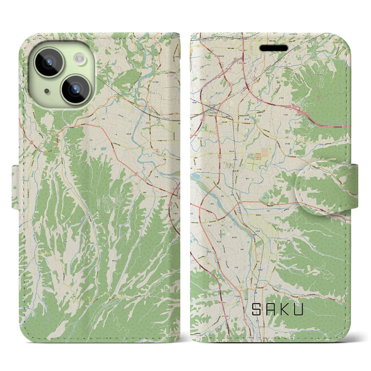 【佐久(長野県)】地図柄iPhoneケース(手帳タイプ)ナチュラル・iPhone 15 用