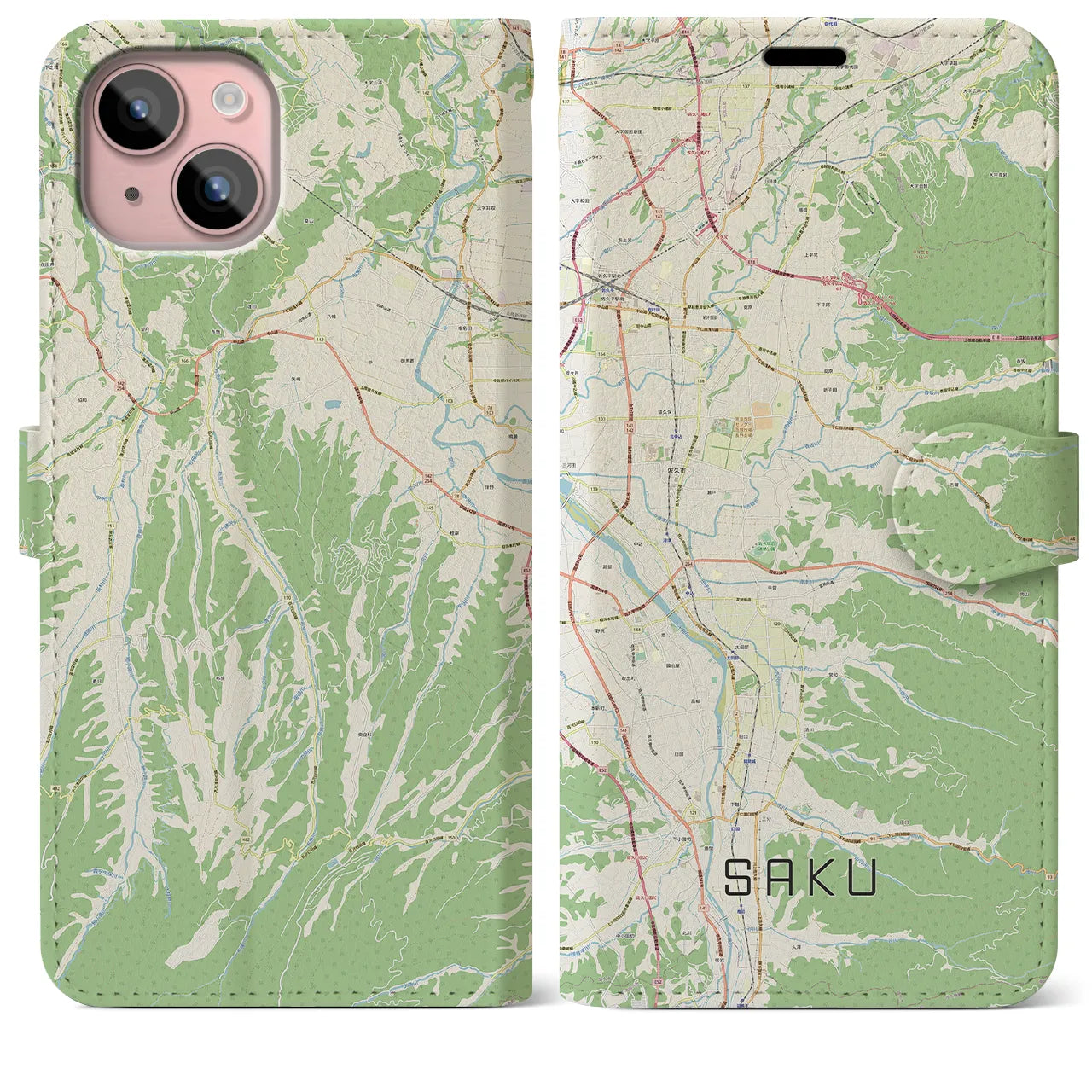 【佐久(長野県)】地図柄iPhoneケース(手帳タイプ)ナチュラル・iPhone 15 Plus 用