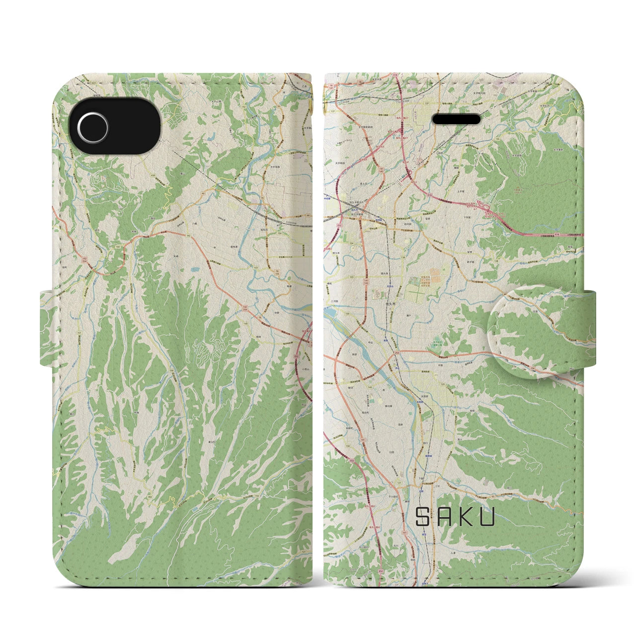 【佐久(長野県)】地図柄iPhoneケース(手帳タイプ)ナチュラル・iPhone SE(第3 / 第2世代) / 8 / 7 / 6s / 6 用