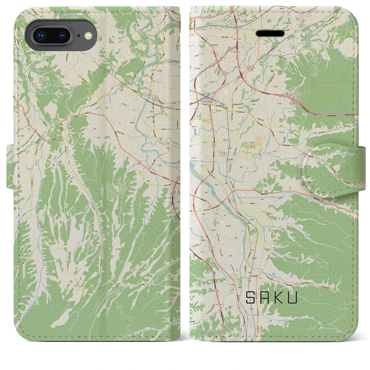 【佐久(長野県)】地図柄iPhoneケース(手帳タイプ)ナチュラル・iPhone 8Plus /7Plus / 6sPlus / 6Plus 用