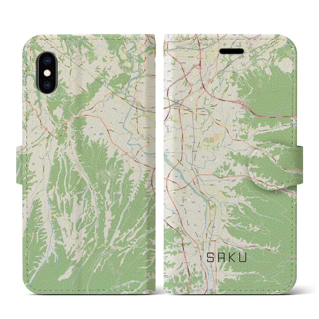 【佐久(長野県)】地図柄iPhoneケース(手帳タイプ)ナチュラル・iPhone XS / X 用