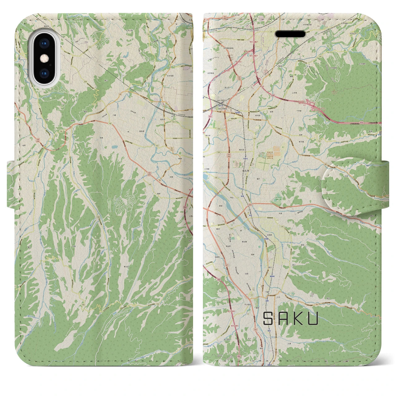 【佐久(長野県)】地図柄iPhoneケース(手帳タイプ)ナチュラル・iPhone XS Max 用