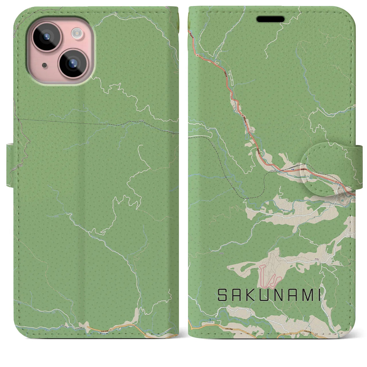 【作並(宮城県)】地図柄iPhoneケース(手帳タイプ)ナチュラル・iPhone 15 Plus 用