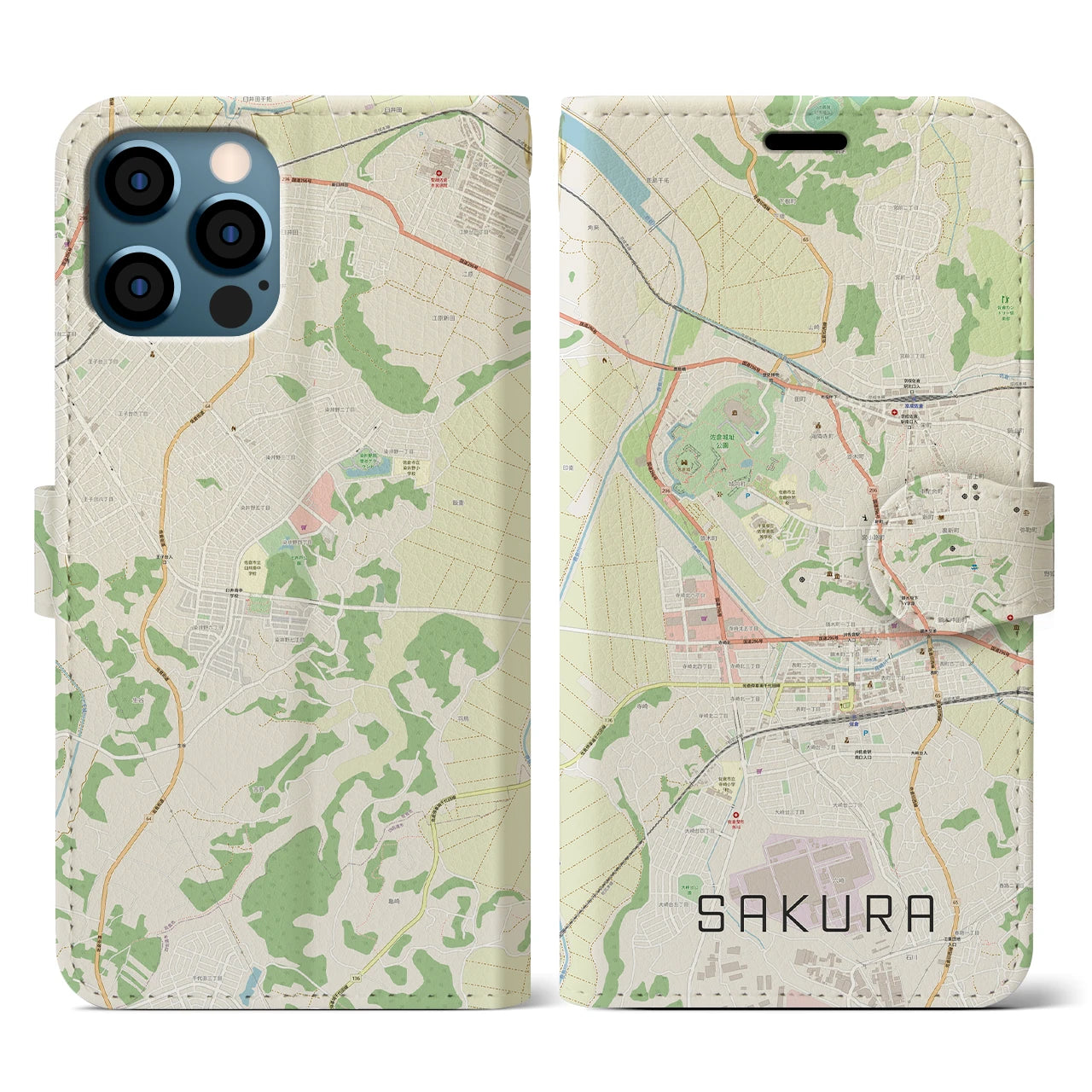 【佐倉(千葉県)】地図柄iPhoneケース(手帳タイプ)ナチュラル・iPhone 12 / 12 Pro 用