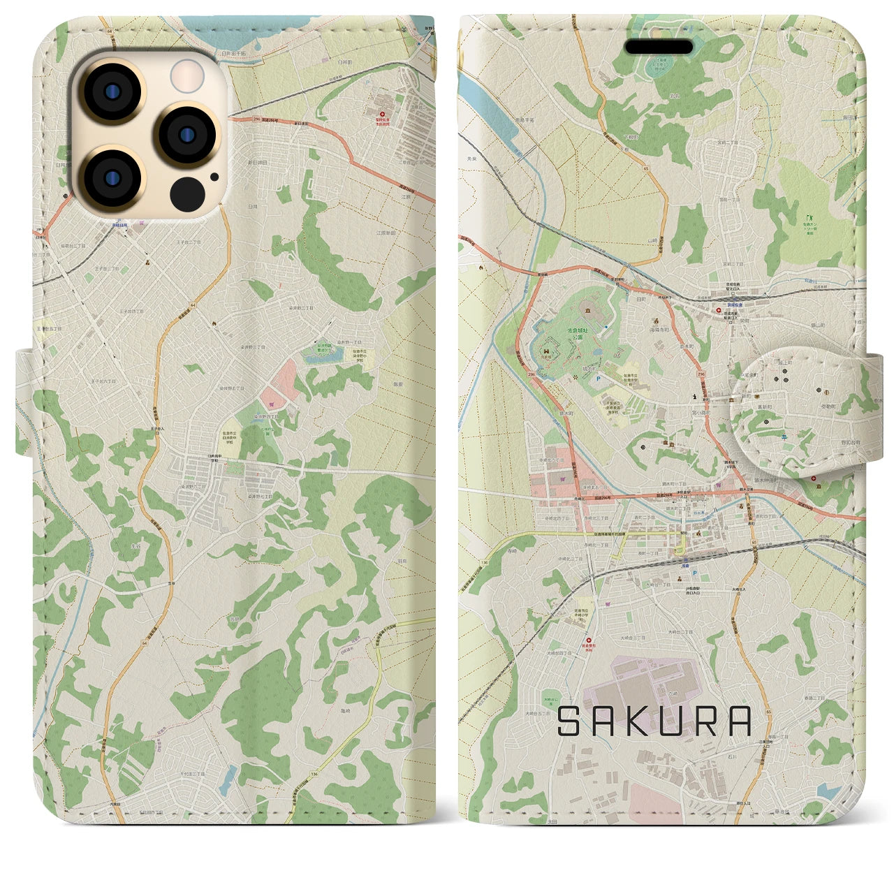 【佐倉(千葉県)】地図柄iPhoneケース(手帳タイプ)ナチュラル・iPhone 12 Pro Max 用