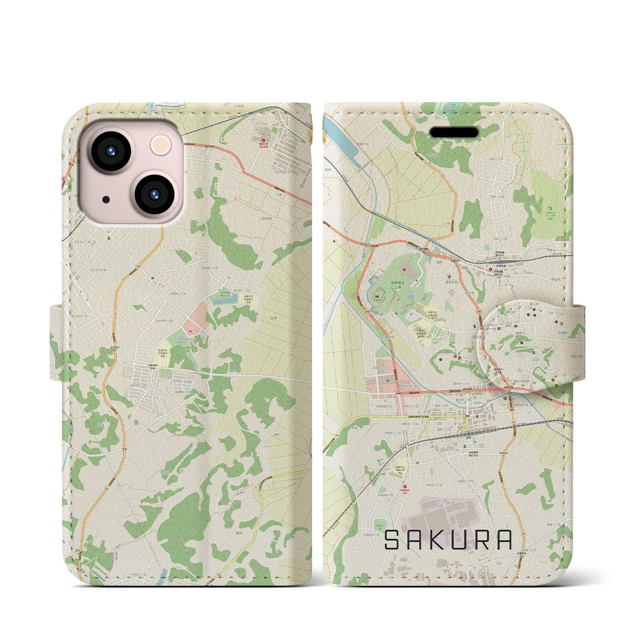 【佐倉(千葉県)】地図柄iPhoneケース(手帳タイプ)ナチュラル・iPhone 13 mini 用