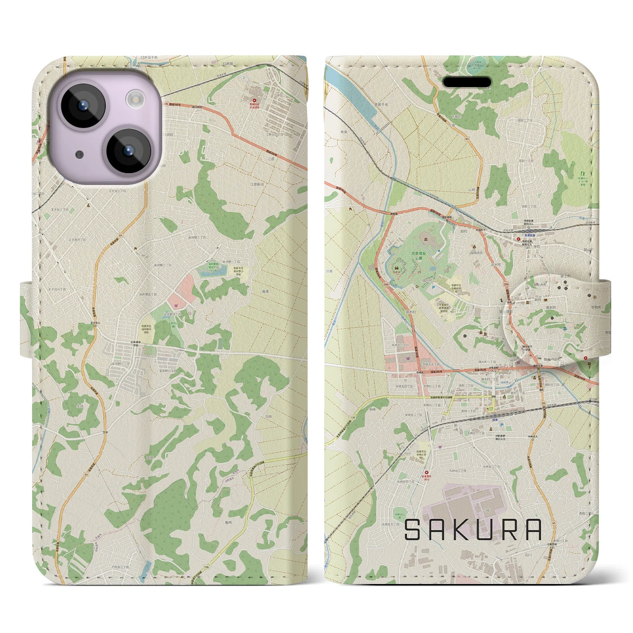 【佐倉(千葉県)】地図柄iPhoneケース(手帳タイプ)ナチュラル・iPhone 14 用