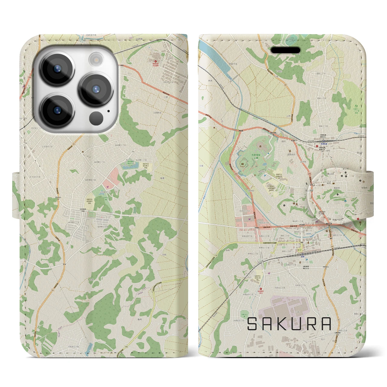 【佐倉(千葉県)】地図柄iPhoneケース(手帳タイプ)ナチュラル・iPhone 14 Pro 用