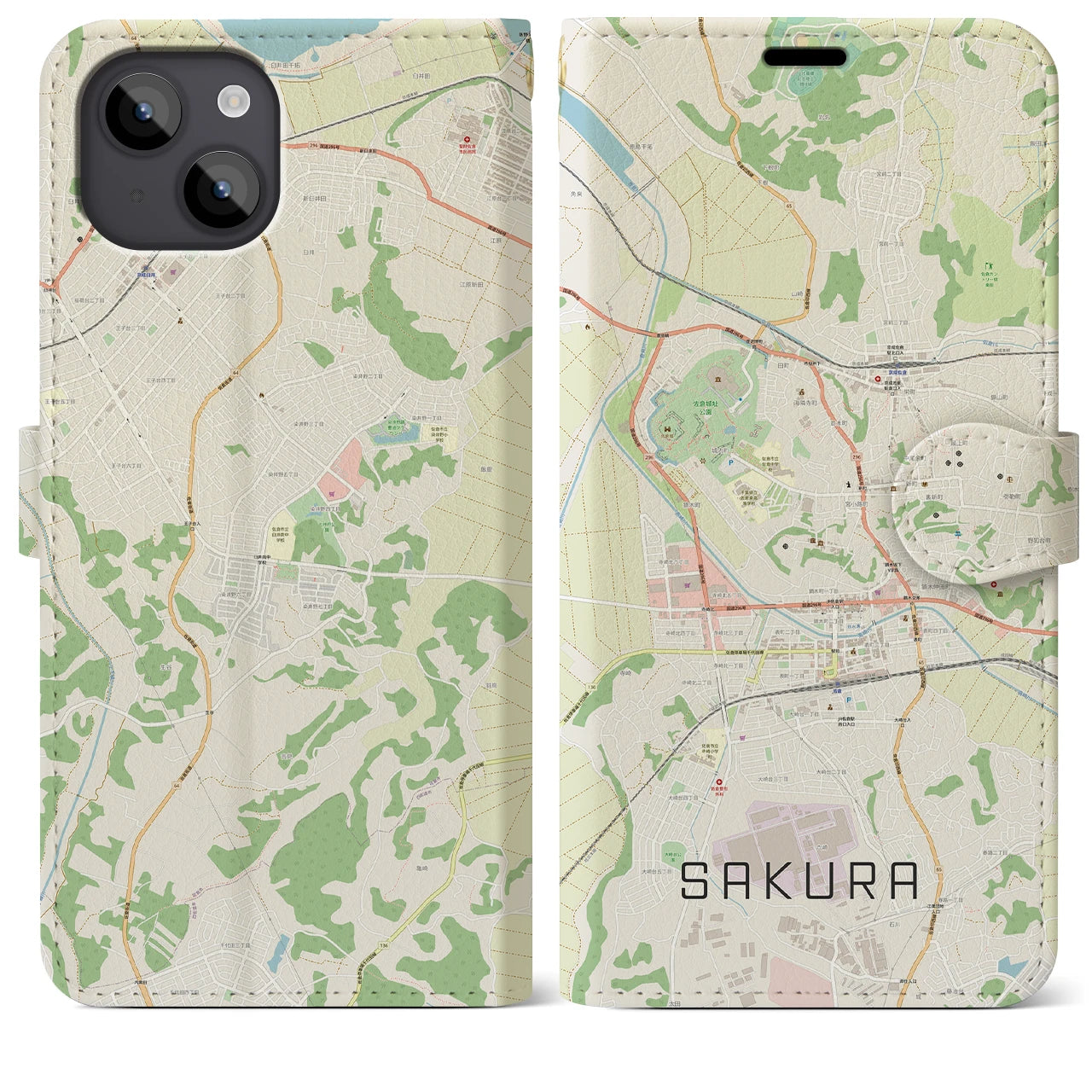 【佐倉(千葉県)】地図柄iPhoneケース(手帳タイプ)ナチュラル・iPhone 14 Plus 用