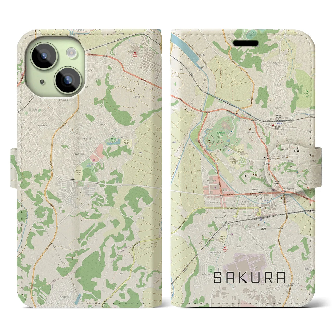 【佐倉(千葉県)】地図柄iPhoneケース(手帳タイプ)ナチュラル・iPhone 15 用