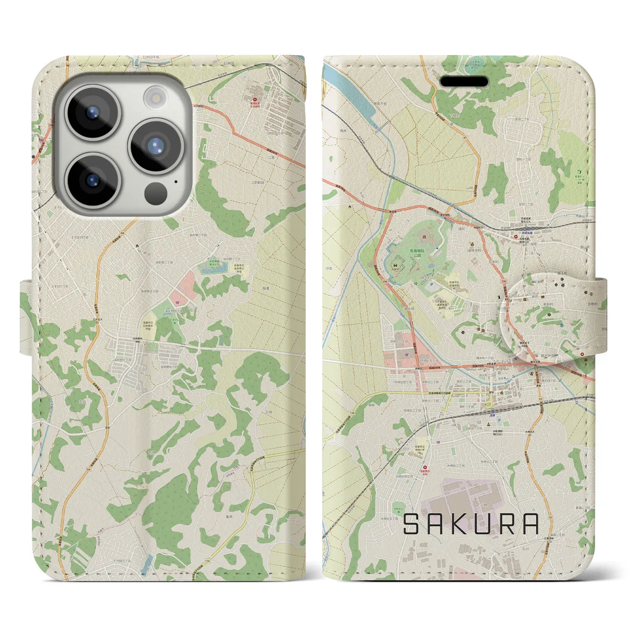 【佐倉(千葉県)】地図柄iPhoneケース(手帳タイプ)ナチュラル・iPhone 15 Pro 用