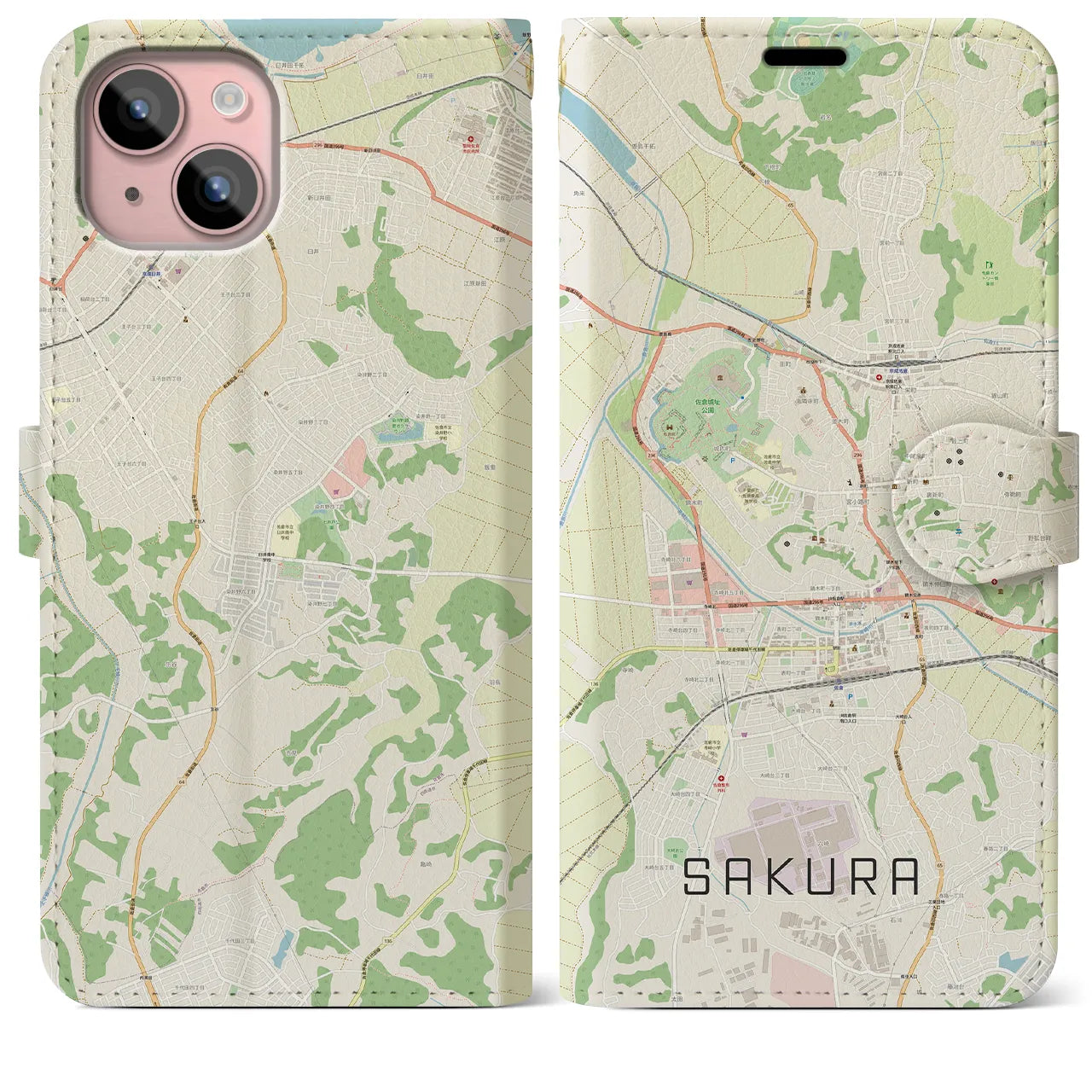 【佐倉(千葉県)】地図柄iPhoneケース(手帳タイプ)ナチュラル・iPhone 15 Plus 用