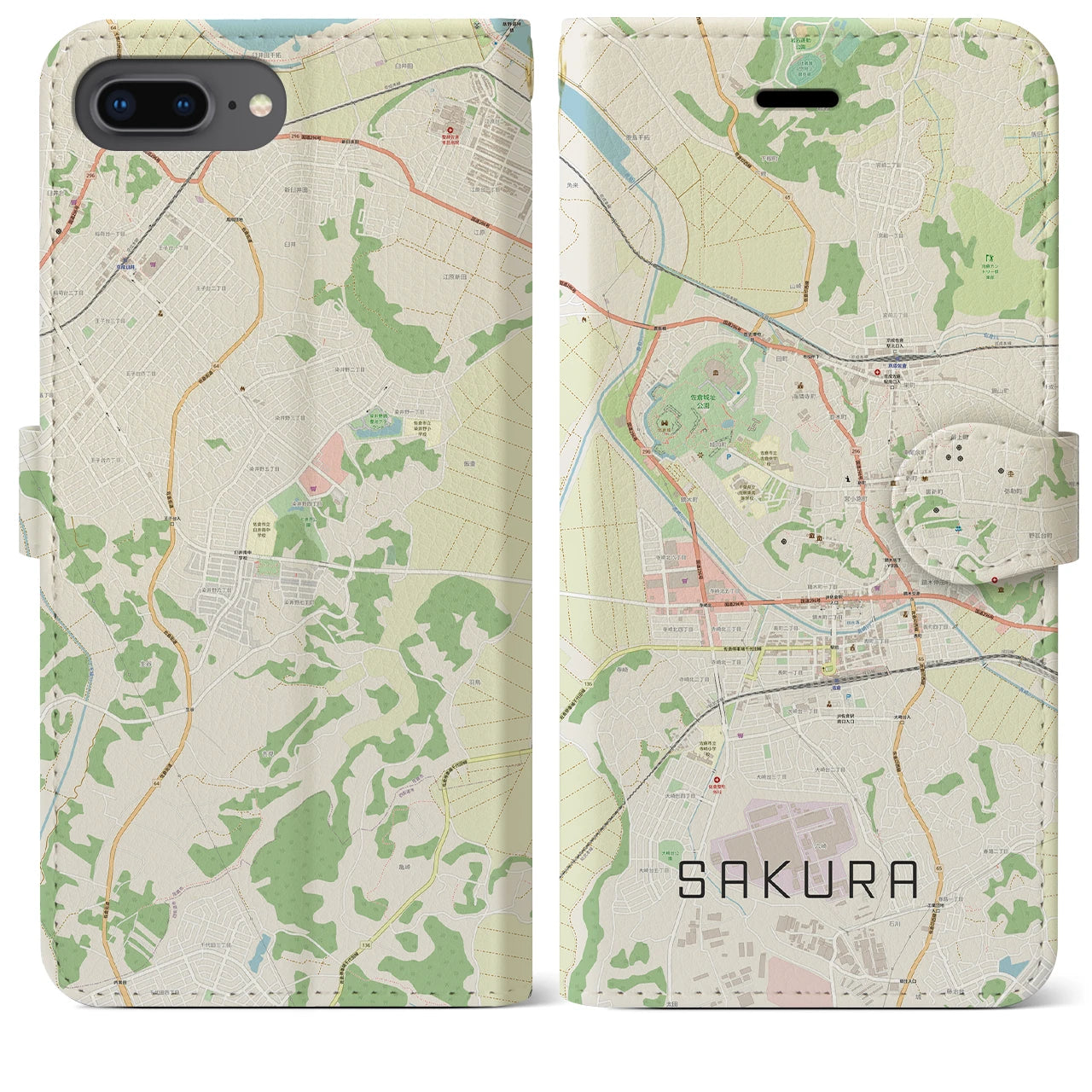 【佐倉(千葉県)】地図柄iPhoneケース(手帳タイプ)ナチュラル・iPhone 8Plus /7Plus / 6sPlus / 6Plus 用