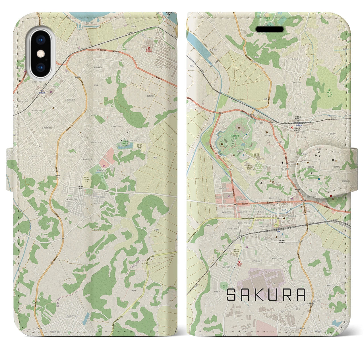 【佐倉(千葉県)】地図柄iPhoneケース(手帳タイプ)ナチュラル・iPhone XS Max 用