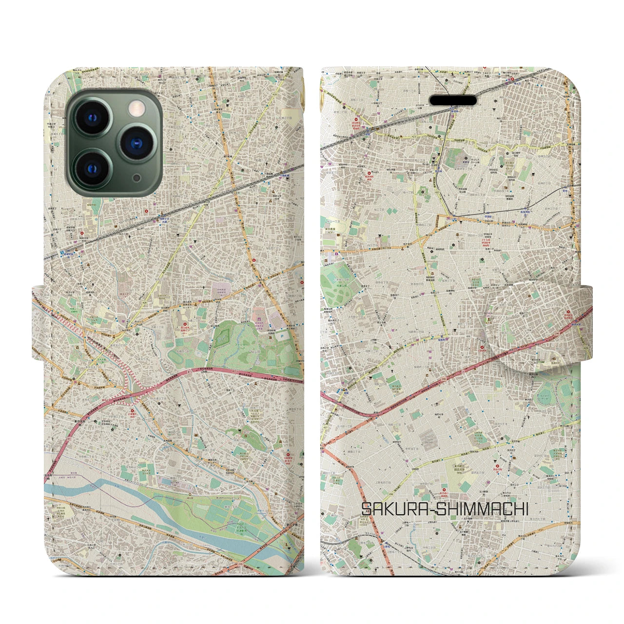 【桜新町(東京都)】地図柄iPhoneケース(手帳タイプ)ナチュラル・iPhone 11 Pro 用