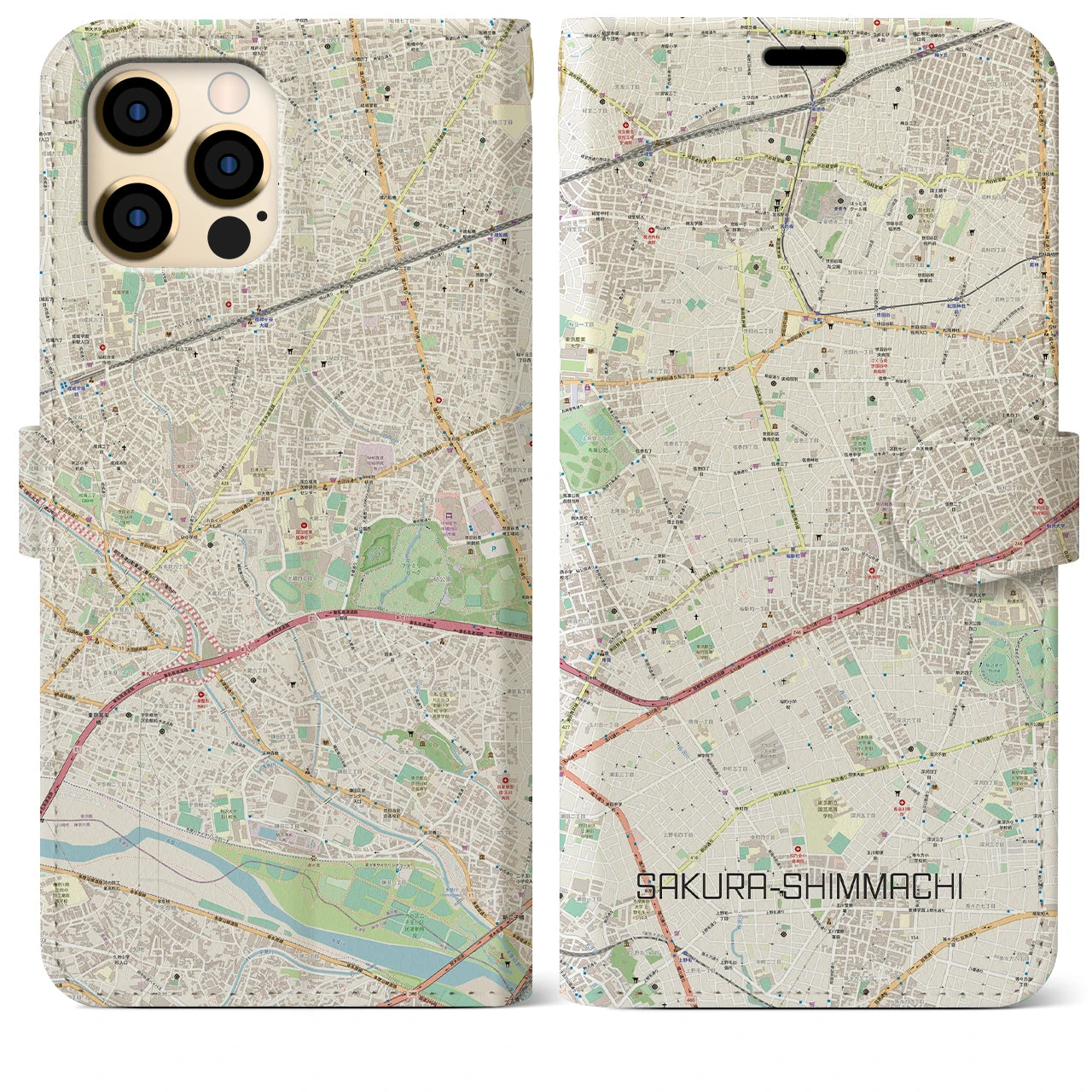 【桜新町(東京都)】地図柄iPhoneケース(手帳タイプ)ナチュラル・iPhone 12 Pro Max 用