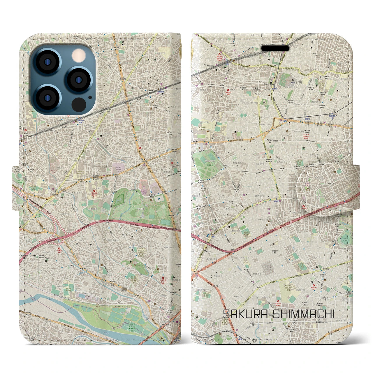 【桜新町(東京都)】地図柄iPhoneケース(手帳タイプ)ナチュラル・iPhone 12 / 12 Pro 用