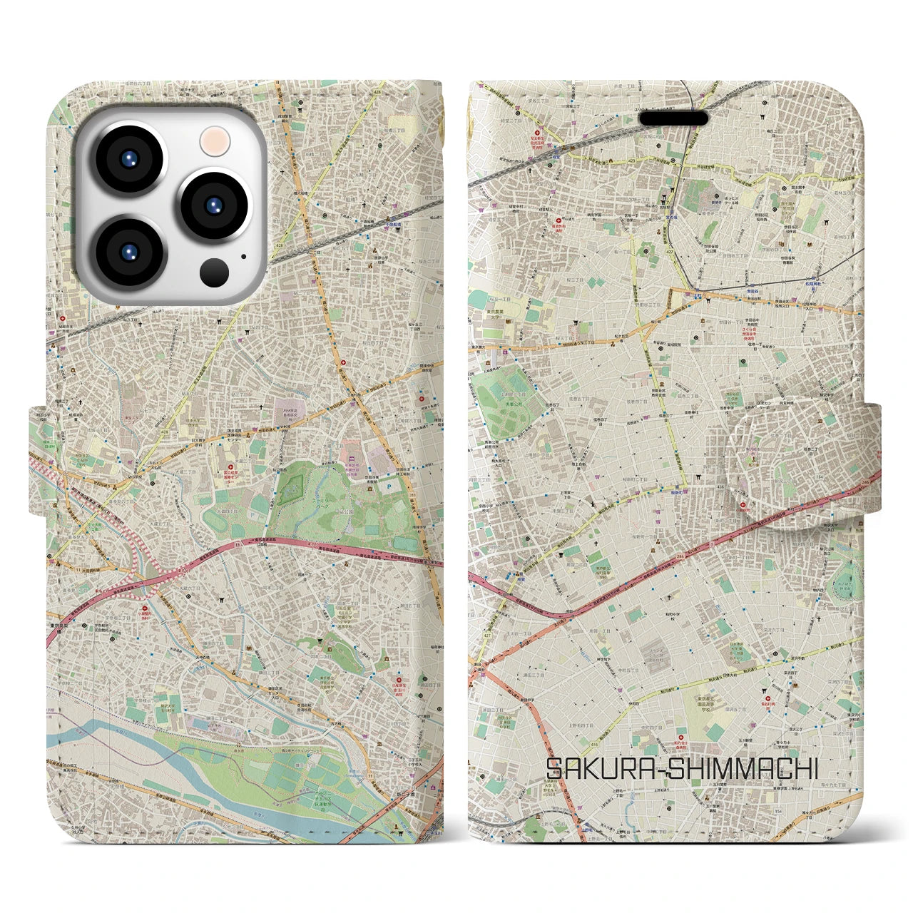 【桜新町(東京都)】地図柄iPhoneケース(手帳タイプ)ナチュラル・iPhone 13 Pro 用