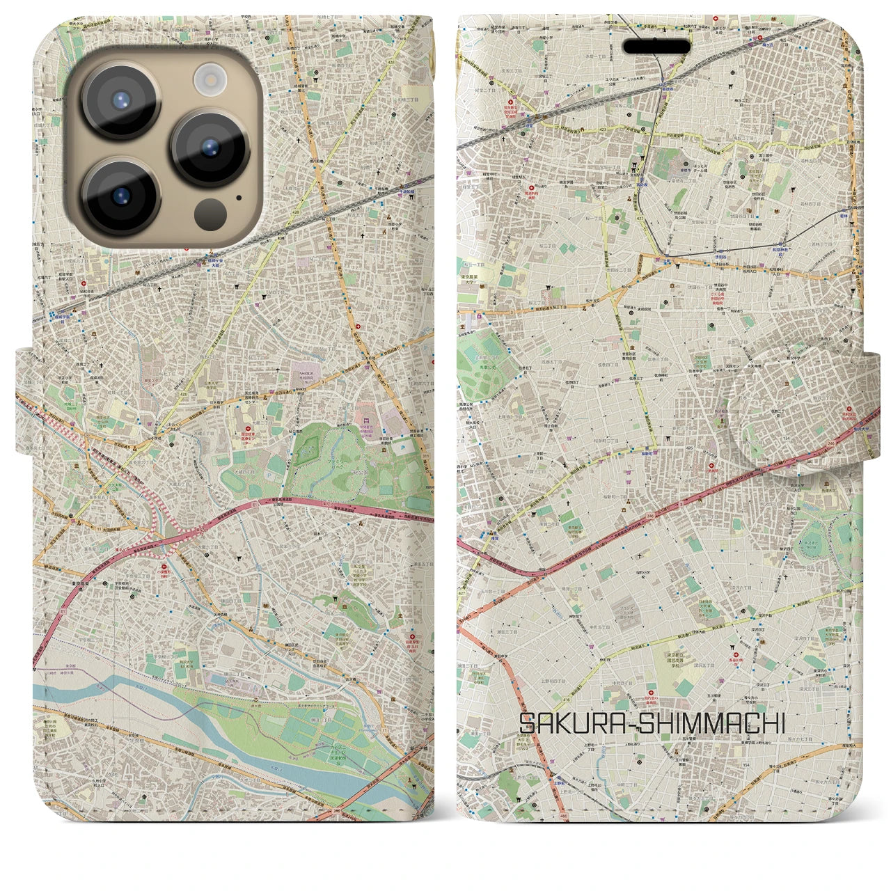 【桜新町(東京都)】地図柄iPhoneケース(手帳タイプ)ナチュラル・iPhone 14 Pro Max 用