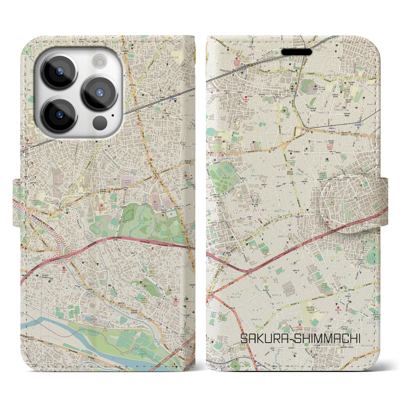 【桜新町(東京都)】地図柄iPhoneケース(手帳タイプ)ナチュラル・iPhone 14 Pro 用