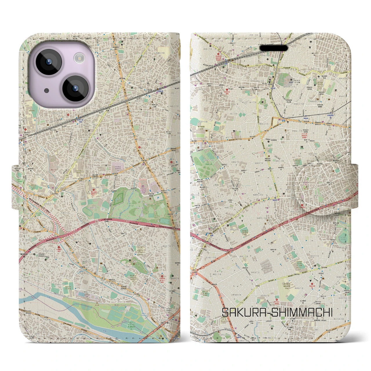 【桜新町(東京都)】地図柄iPhoneケース(手帳タイプ)ナチュラル・iPhone 14 用