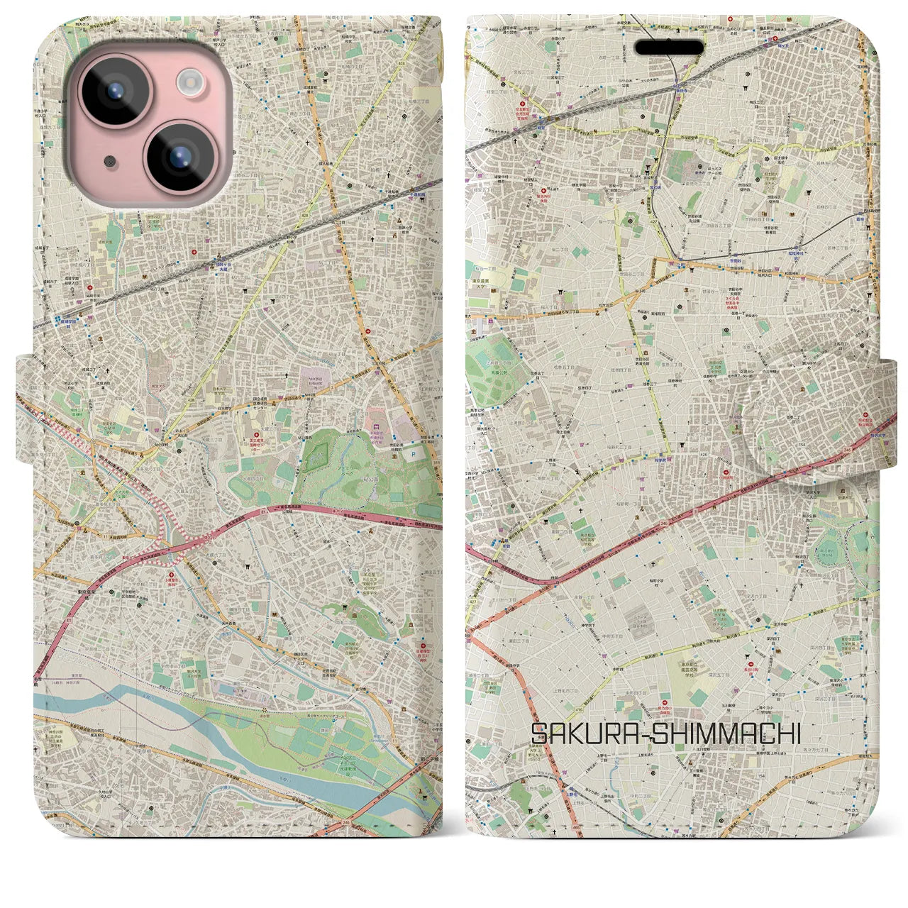【桜新町(東京都)】地図柄iPhoneケース(手帳タイプ)ナチュラル・iPhone 15 Plus 用