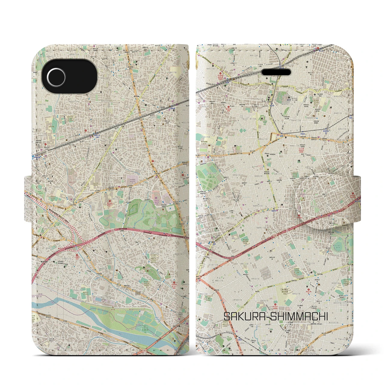 【桜新町(東京都)】地図柄iPhoneケース(手帳タイプ)ナチュラル・iPhone SE(第3 / 第2世代) / 8 / 7 / 6s / 6 用