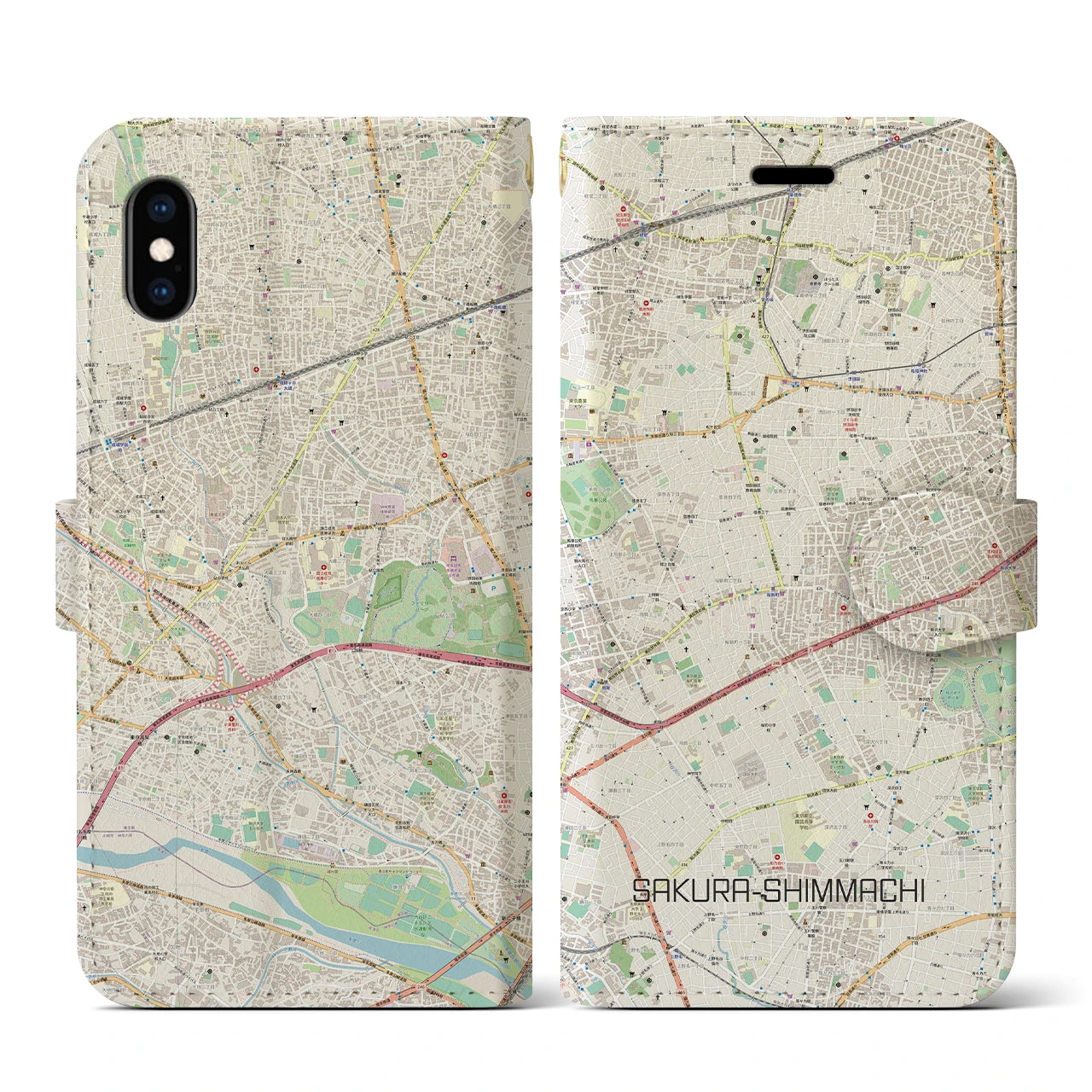 【桜新町(東京都)】地図柄iPhoneケース(手帳タイプ)ナチュラル・iPhone XS / X 用