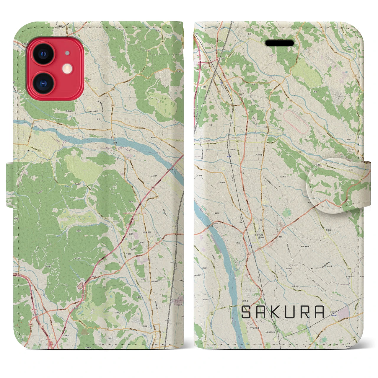【さくら(栃木県)】地図柄iPhoneケース(手帳タイプ)ナチュラル・iPhone 11 用