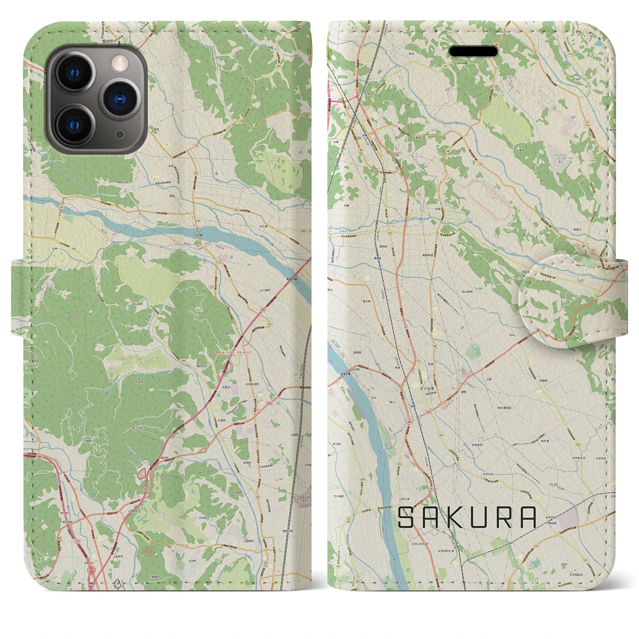 【さくら(栃木県)】地図柄iPhoneケース(手帳タイプ)ナチュラル・iPhone 11 Pro Max 用