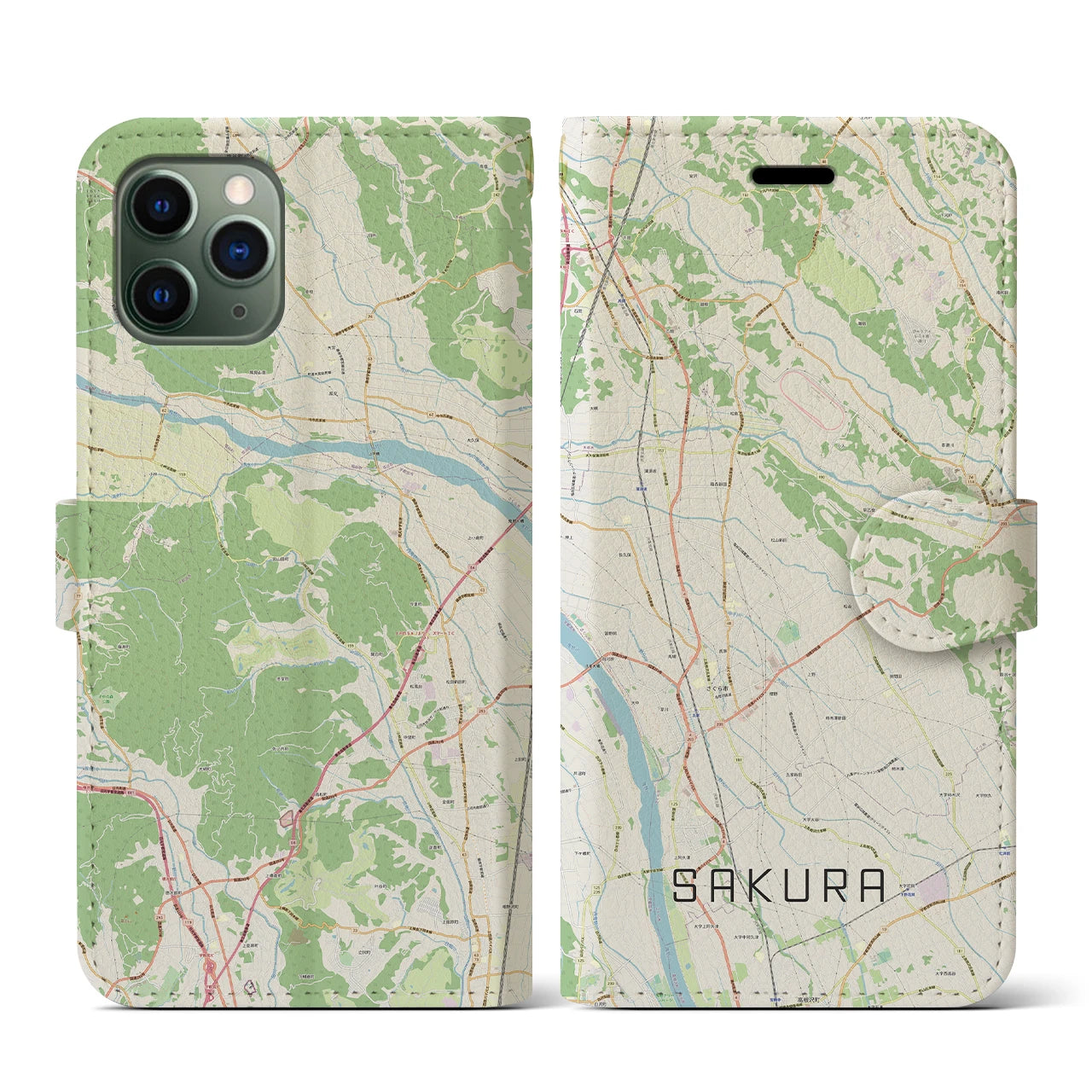 【さくら(栃木県)】地図柄iPhoneケース(手帳タイプ)ナチュラル・iPhone 11 Pro 用