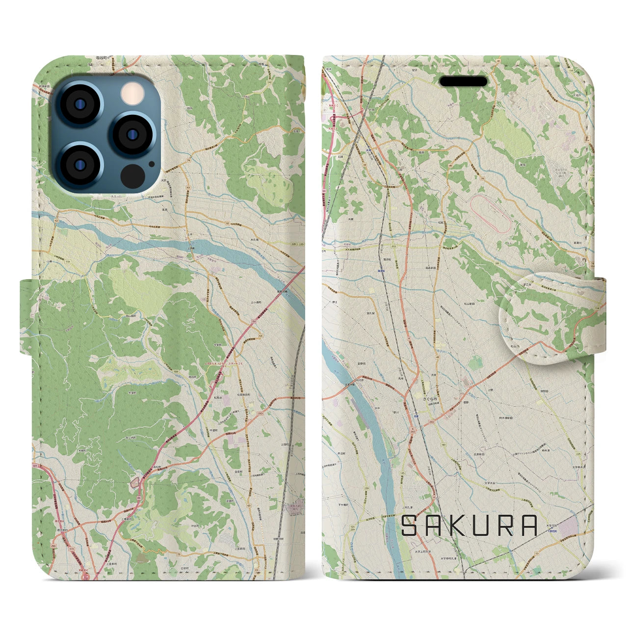 【さくら(栃木県)】地図柄iPhoneケース(手帳タイプ)ナチュラル・iPhone 12 / 12 Pro 用