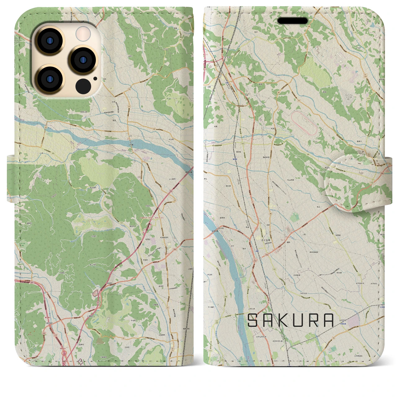 【さくら(栃木県)】地図柄iPhoneケース(手帳タイプ)ナチュラル・iPhone 12 Pro Max 用