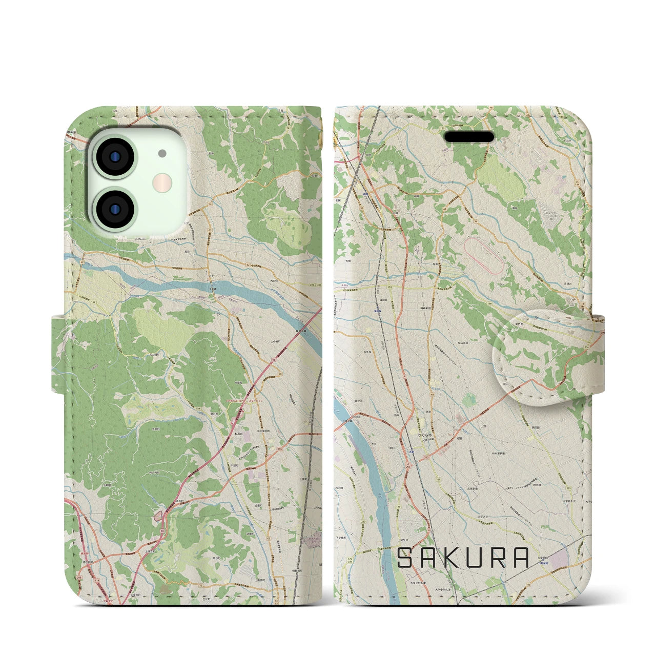 【さくら(栃木県)】地図柄iPhoneケース(手帳タイプ)ナチュラル・iPhone 12 mini 用