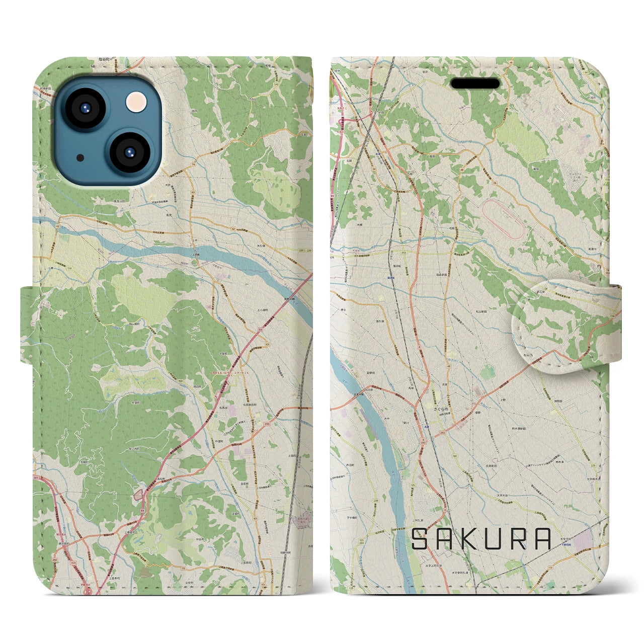 【さくら(栃木県)】地図柄iPhoneケース(手帳タイプ)ナチュラル・iPhone 13 用