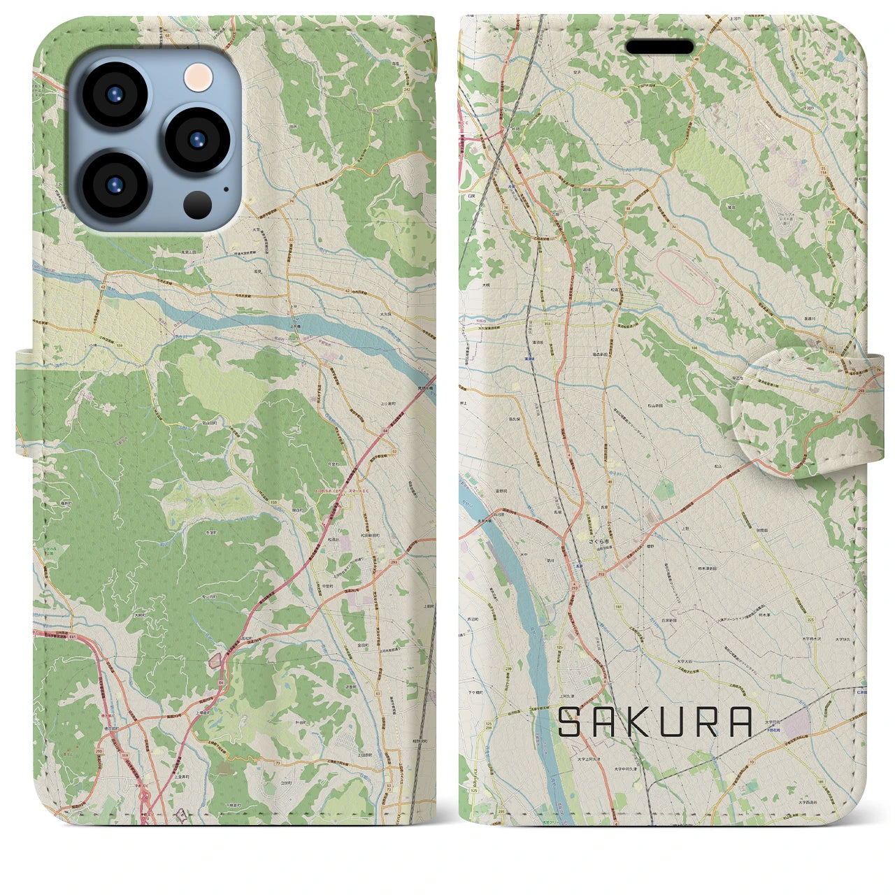 【さくら(栃木県)】地図柄iPhoneケース(手帳タイプ)ナチュラル・iPhone 13 Pro Max 用
