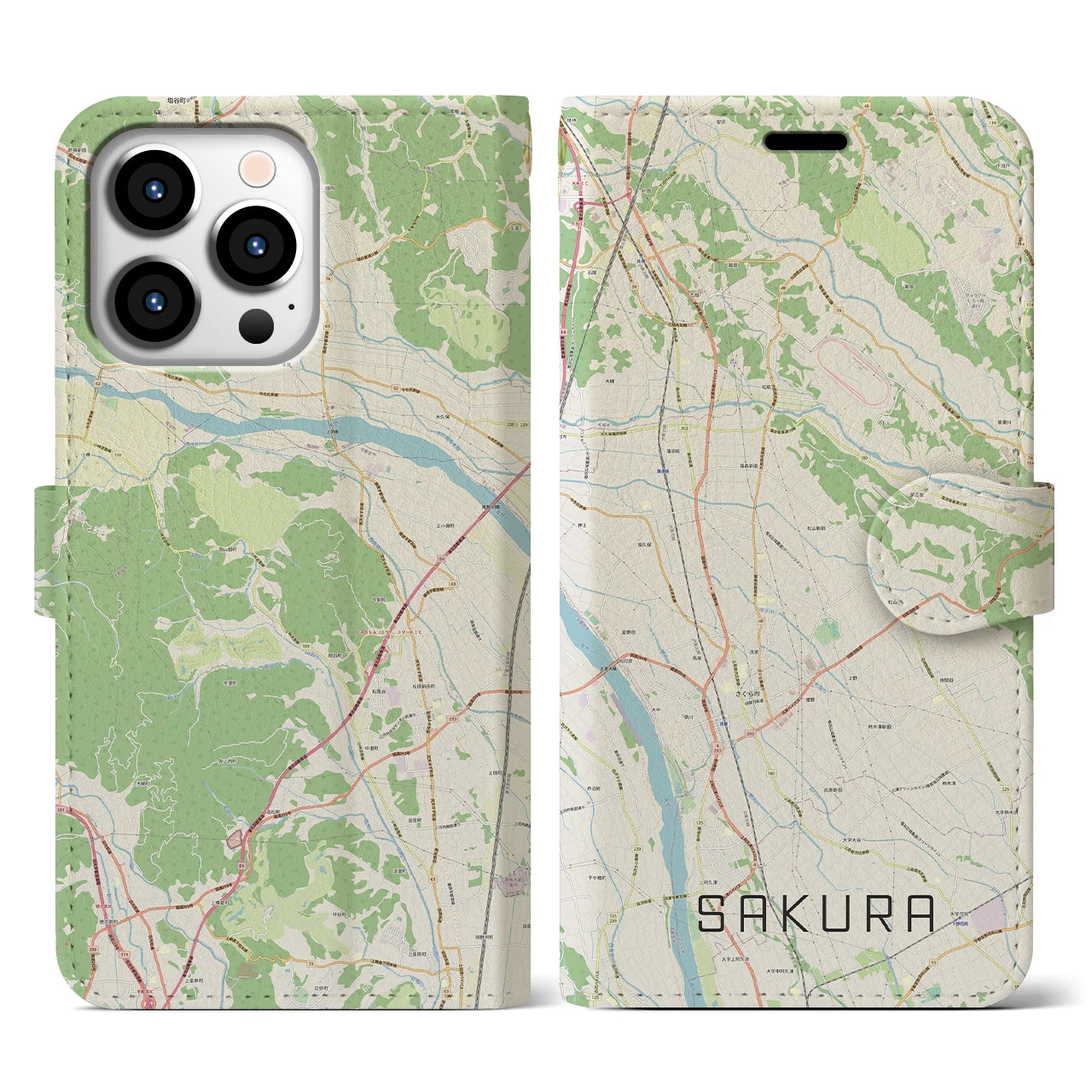 【さくら(栃木県)】地図柄iPhoneケース(手帳タイプ)ナチュラル・iPhone 13 Pro 用