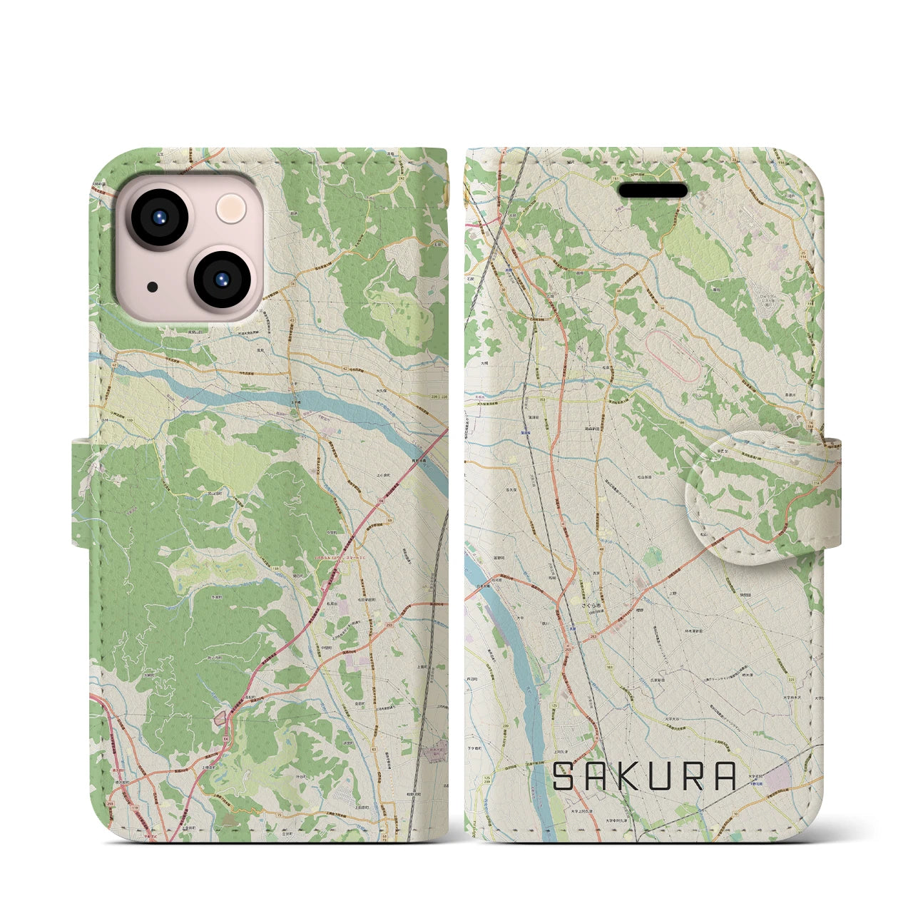 【さくら(栃木県)】地図柄iPhoneケース(手帳タイプ)ナチュラル・iPhone 13 mini 用