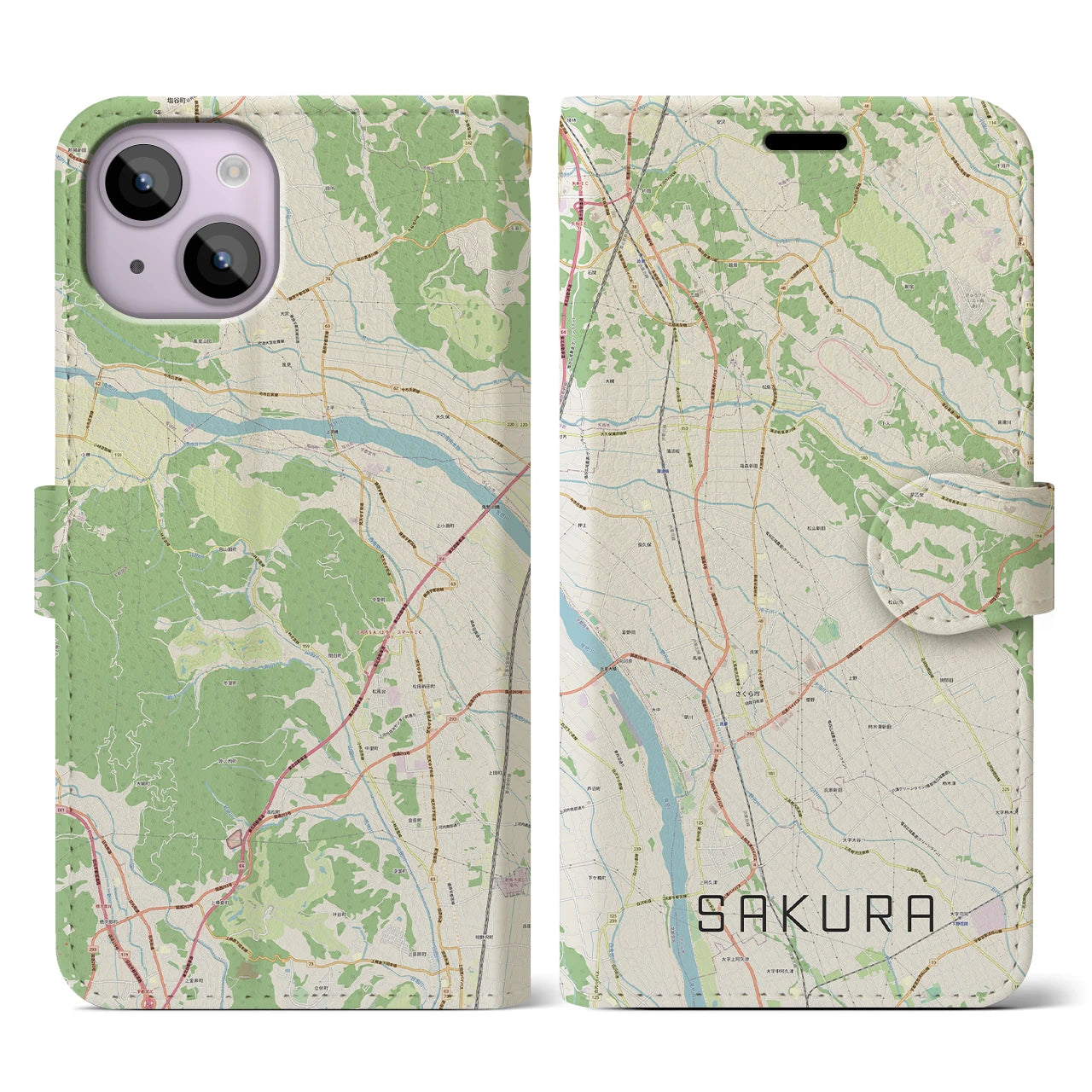 【さくら(栃木県)】地図柄iPhoneケース(手帳タイプ)ナチュラル・iPhone 14 用