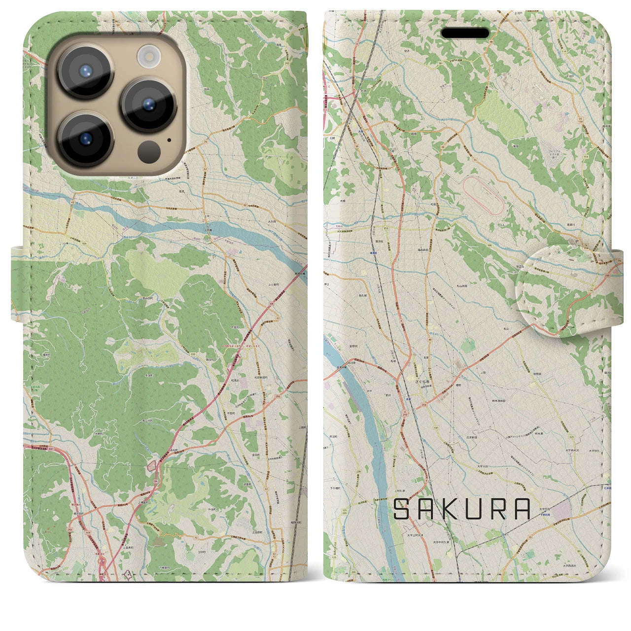 【さくら(栃木県)】地図柄iPhoneケース(手帳タイプ)ナチュラル・iPhone 14 Pro Max 用