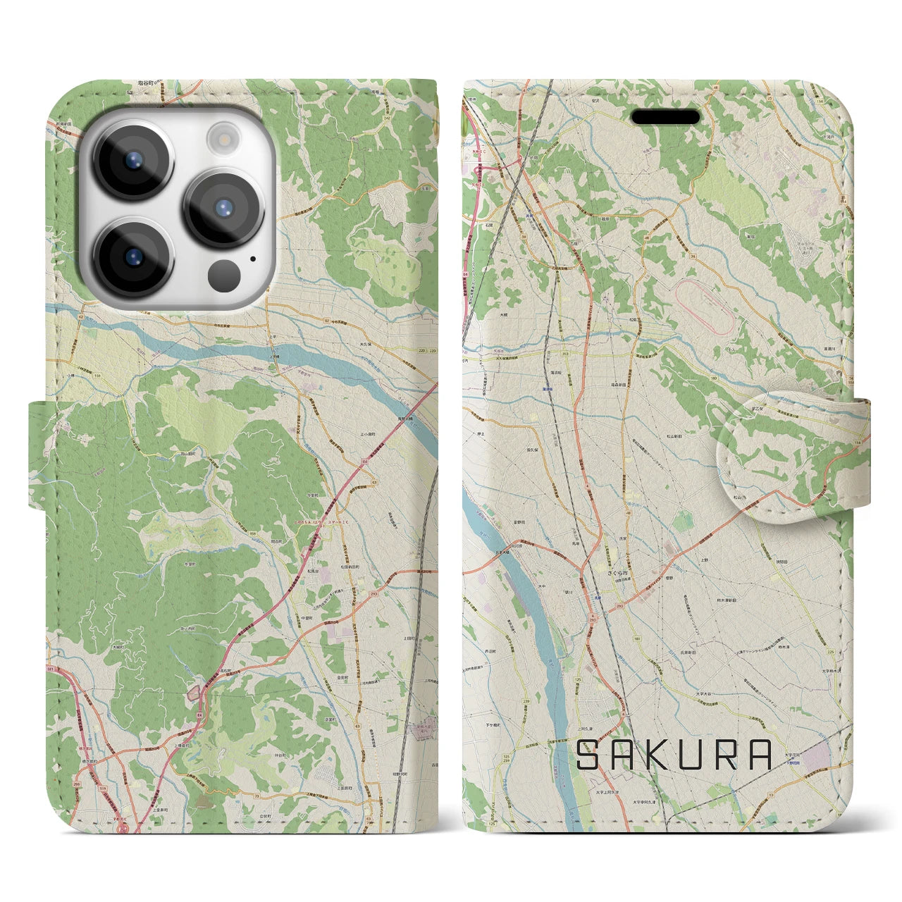 【さくら(栃木県)】地図柄iPhoneケース(手帳タイプ)ナチュラル・iPhone 14 Pro 用