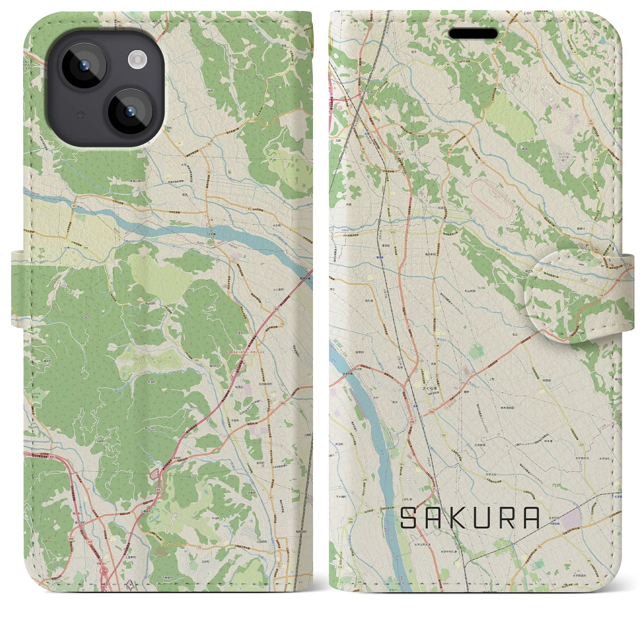 【さくら(栃木県)】地図柄iPhoneケース(手帳タイプ)ナチュラル・iPhone 14 Plus 用