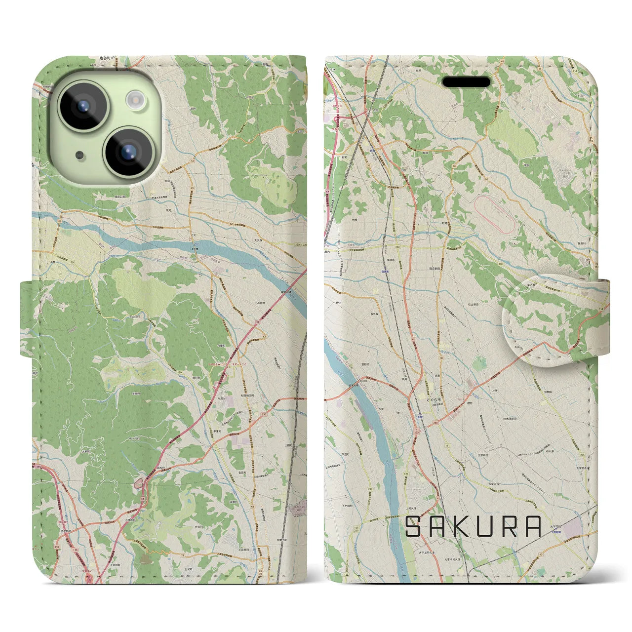 【さくら(栃木県)】地図柄iPhoneケース(手帳タイプ)ナチュラル・iPhone 15 用