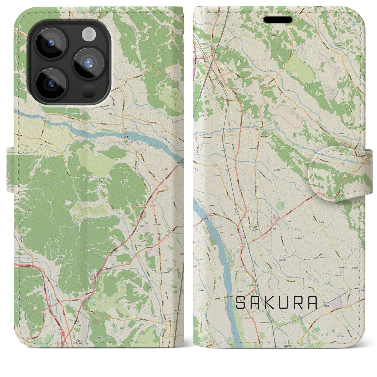 【さくら(栃木県)】地図柄iPhoneケース(手帳タイプ)ナチュラル・iPhone 15 Pro Max 用